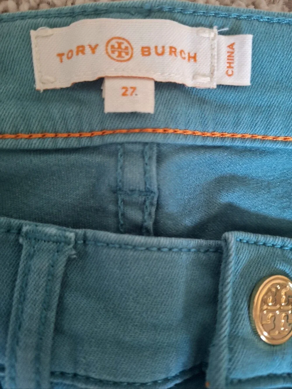 Tory Burch Super Skinny Ivy Jeans Teal Blue Green Stretchy Size 27